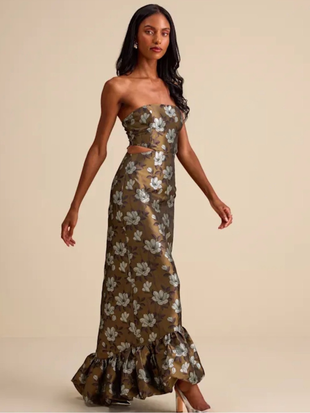 NWT Lulu's NATHANIA Olive Floral Jacquard Strapless Cutout Maxi Dress Small